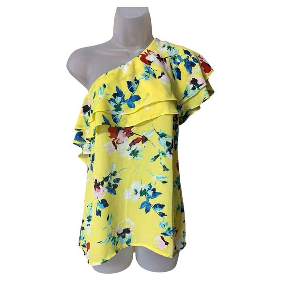 Rose & Olive Yellow Floral Ruffled Shoulder Blouse Sz Small Dopamine Colorful - Picture 2 of 8